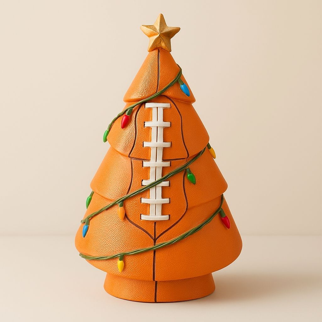 Resin christmas tree featuring football pattern texture with wrapped lights and star on top