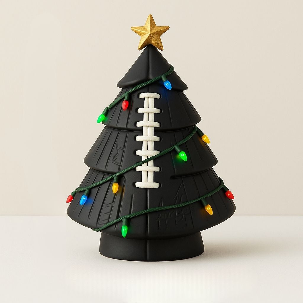 Miniature football textured christmas tree with wrapped lights for desk or shelf display