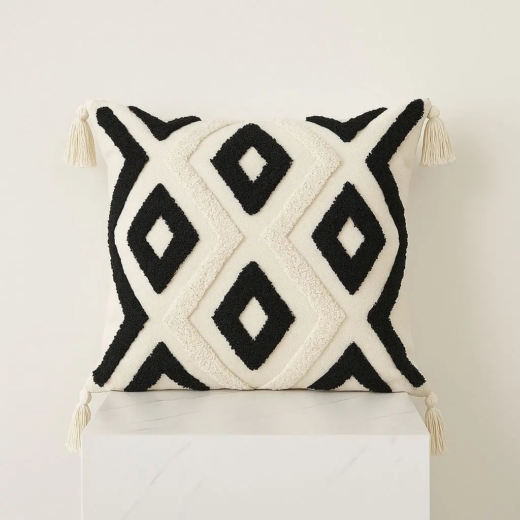 Tufted diamond pillowcase with embroidered geometric pattern and corner tassels for sofa and bedroom decor