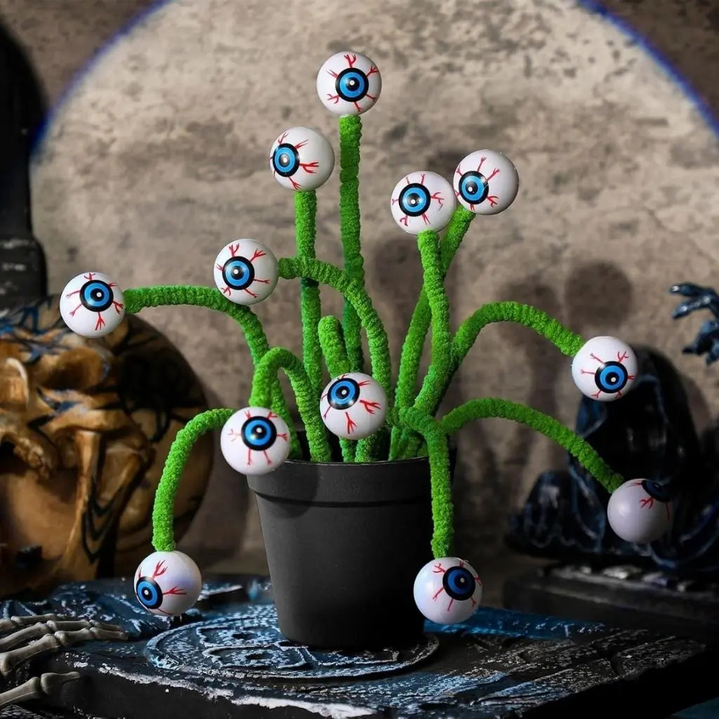 Halloween eyeball twig decorations with bendable green stems, 20-piece spooky centerpiece set for parties