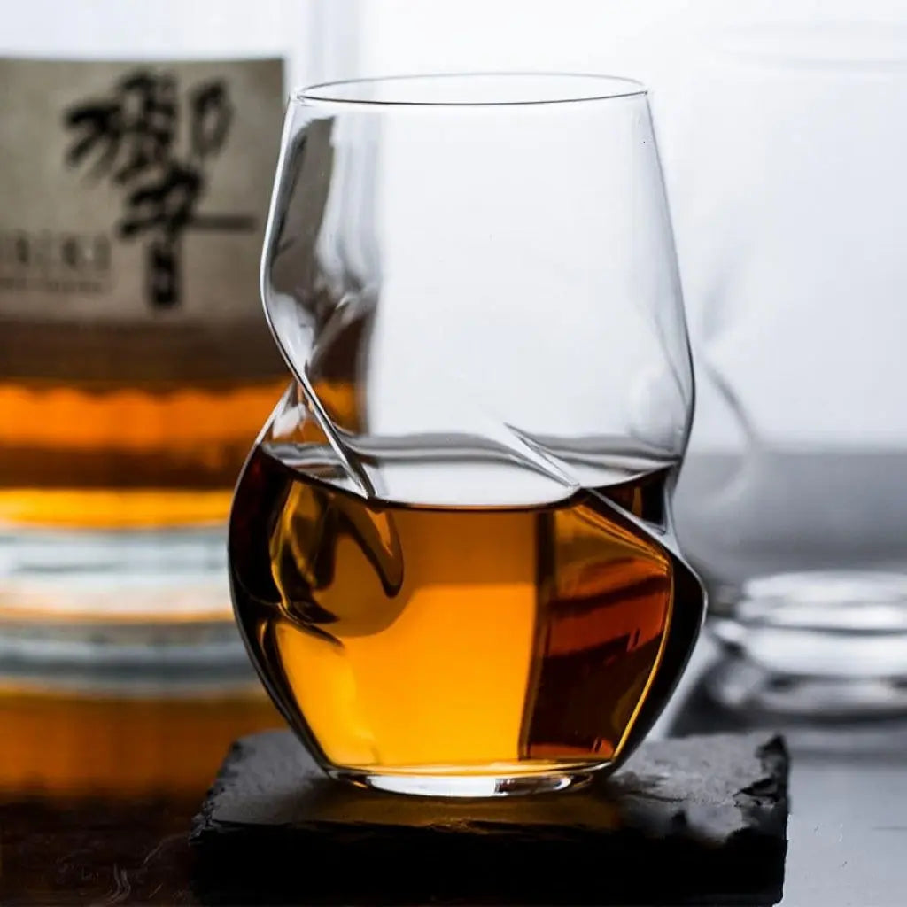 Clear twisted whiskey tumbler with sculpted body borosilicate glass 14.5oz cocktail drinkware