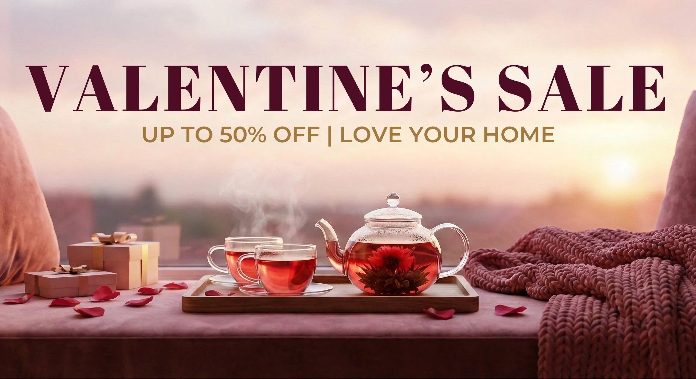 Inovessa Valentine's Day sale advertisement with a tea set and warm lighting.