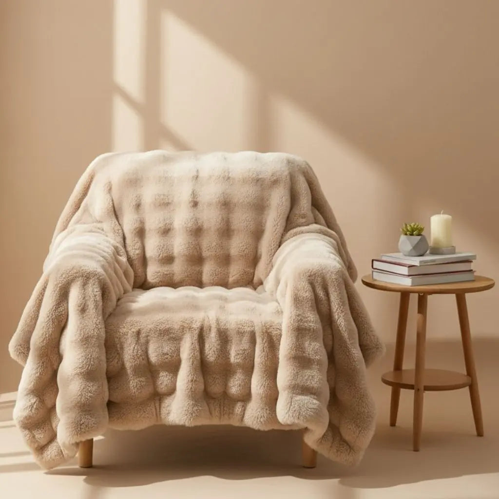 Angora velvet throw blanket with rabbit fur texture in solid color for bedroom décor