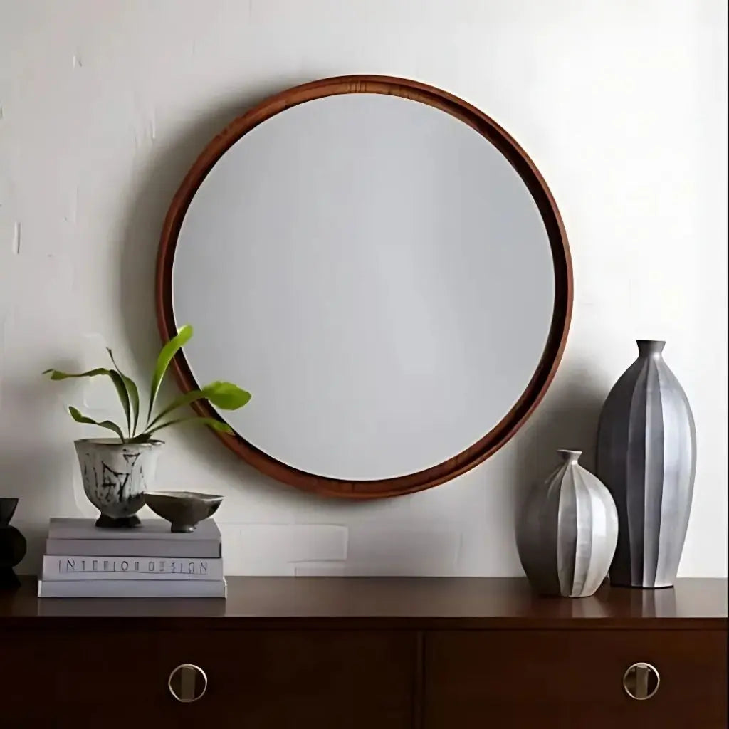 Circular mirror featuring solid walnut construction with float silver surface for clear reflection