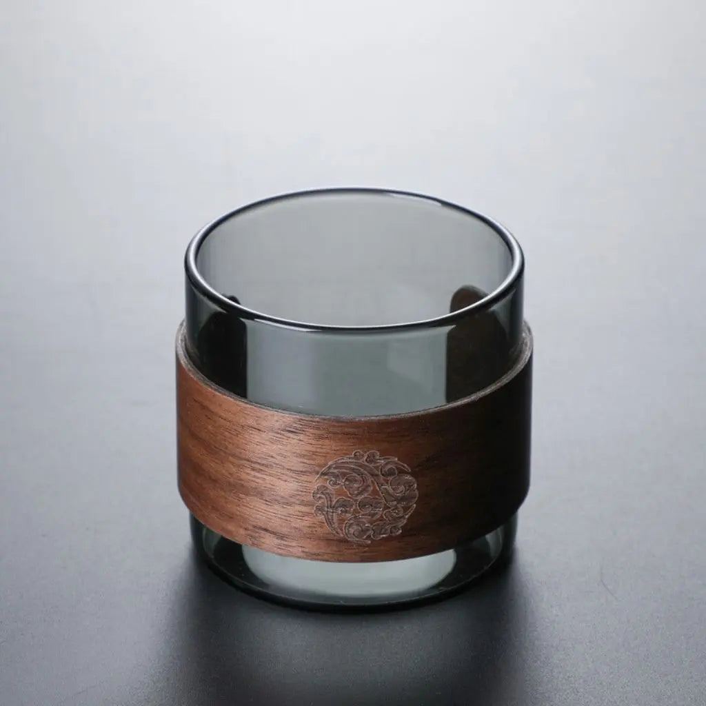 Heat resistant glass tea cup with elegant walnut wood ring, perfect 150ml capacity for daily tea rituals