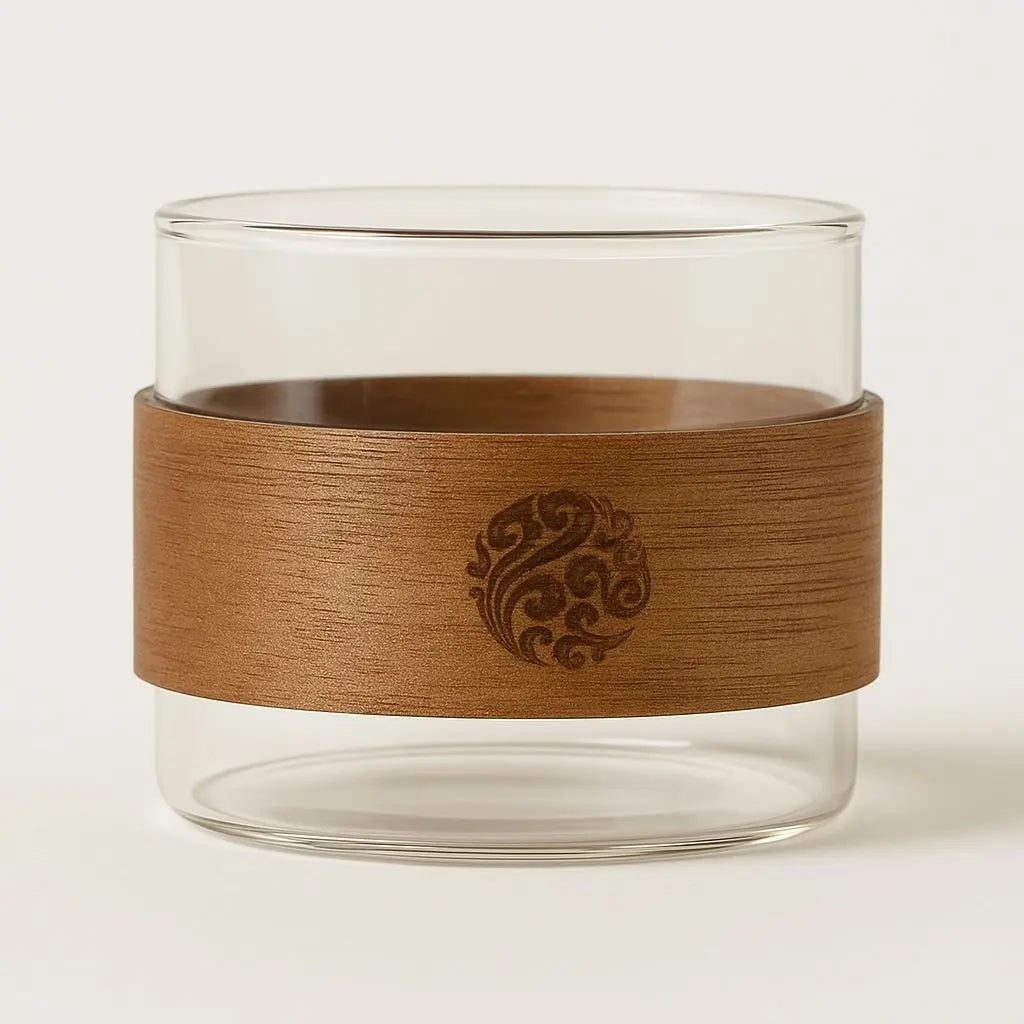 Premium wooden handle tea cup featuring anti scald walnut sleeve and clear borosilicate glass construction