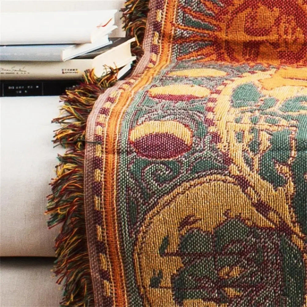 Close-up of a trow blanket patterned fabric with intricate designs on a white background