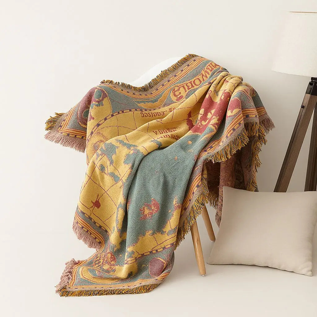 Decorative throw blanket with world map design draped over a chair