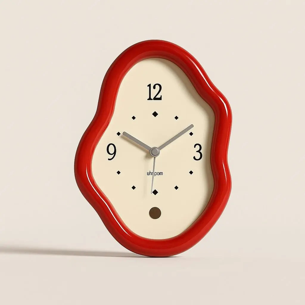 Modern wooden table clock with sculptural wavy design, minimalist face perfect for desk and home decor