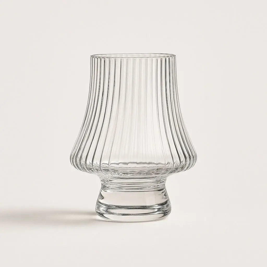 Crystal whiskey tasting glass with curved design enhances aroma, 250ml capacity for spirits and brandy