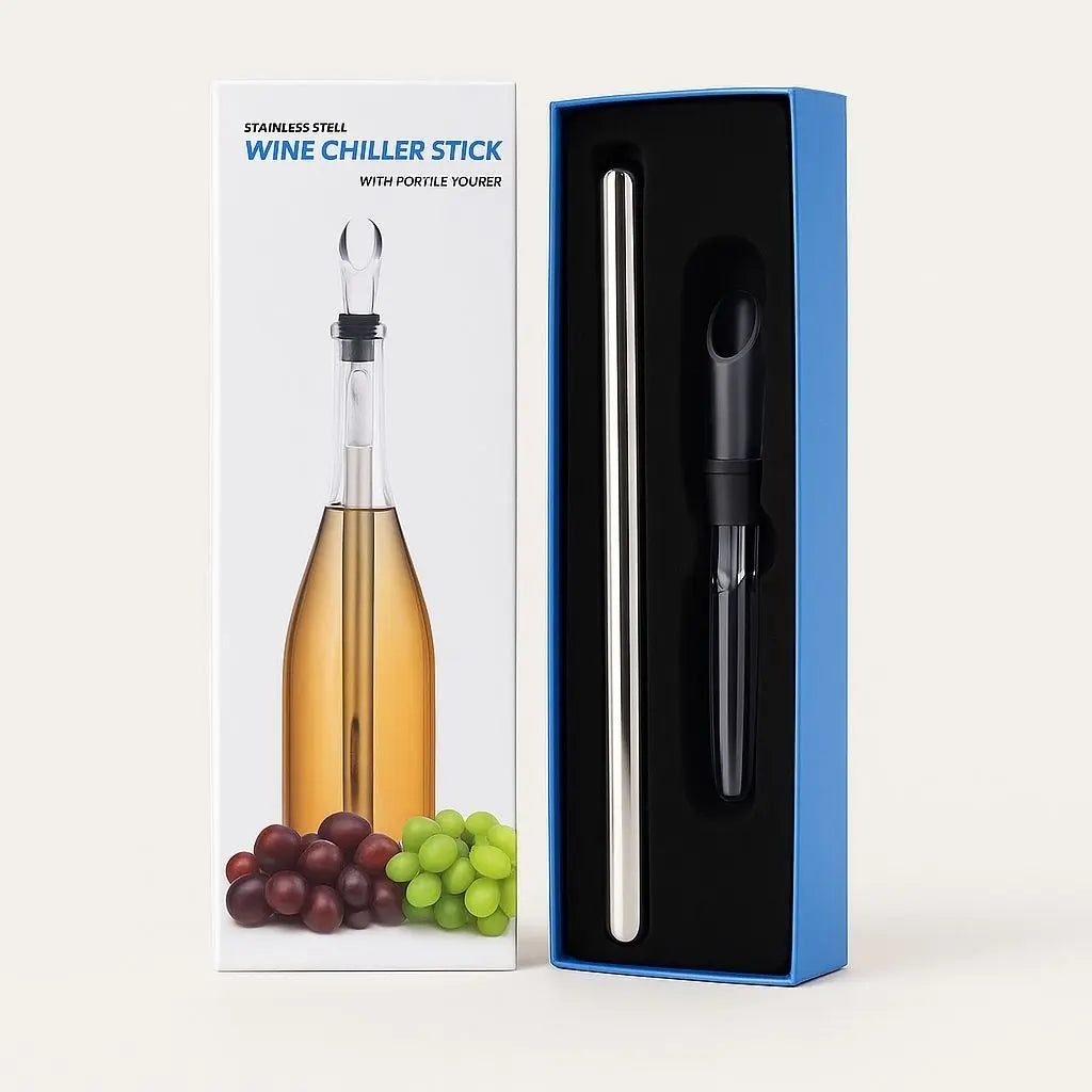 Stainless steel wine chiller stick with packaging on a white background
