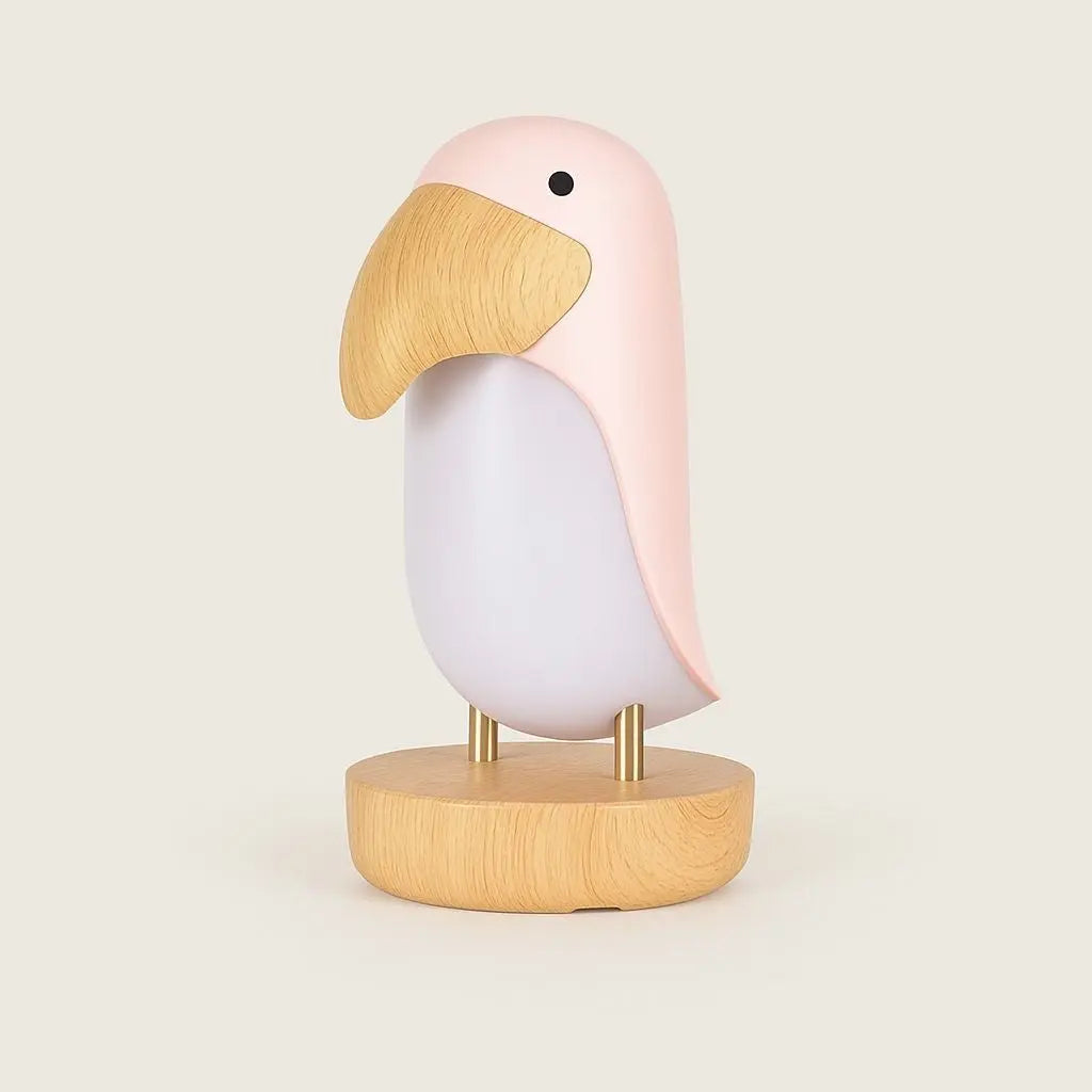 Modern wooden bird table lamp with natural wood finish, perfect for ambient desk lighting and home decor