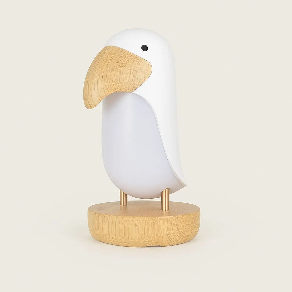 Bird shaped wooden desk lamp with wireless design, ideal for bedroom and office ambient lighting