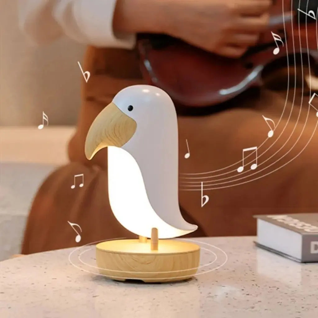 Bluetooth speaker bird lamp combining wireless music streaming with decorative wooden lighting