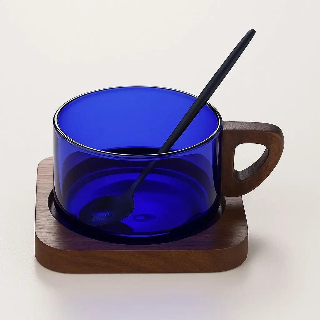 Ergonomic wooden handle on borosilicate glass cup, comfortable grip for hot coffee and tea serving
