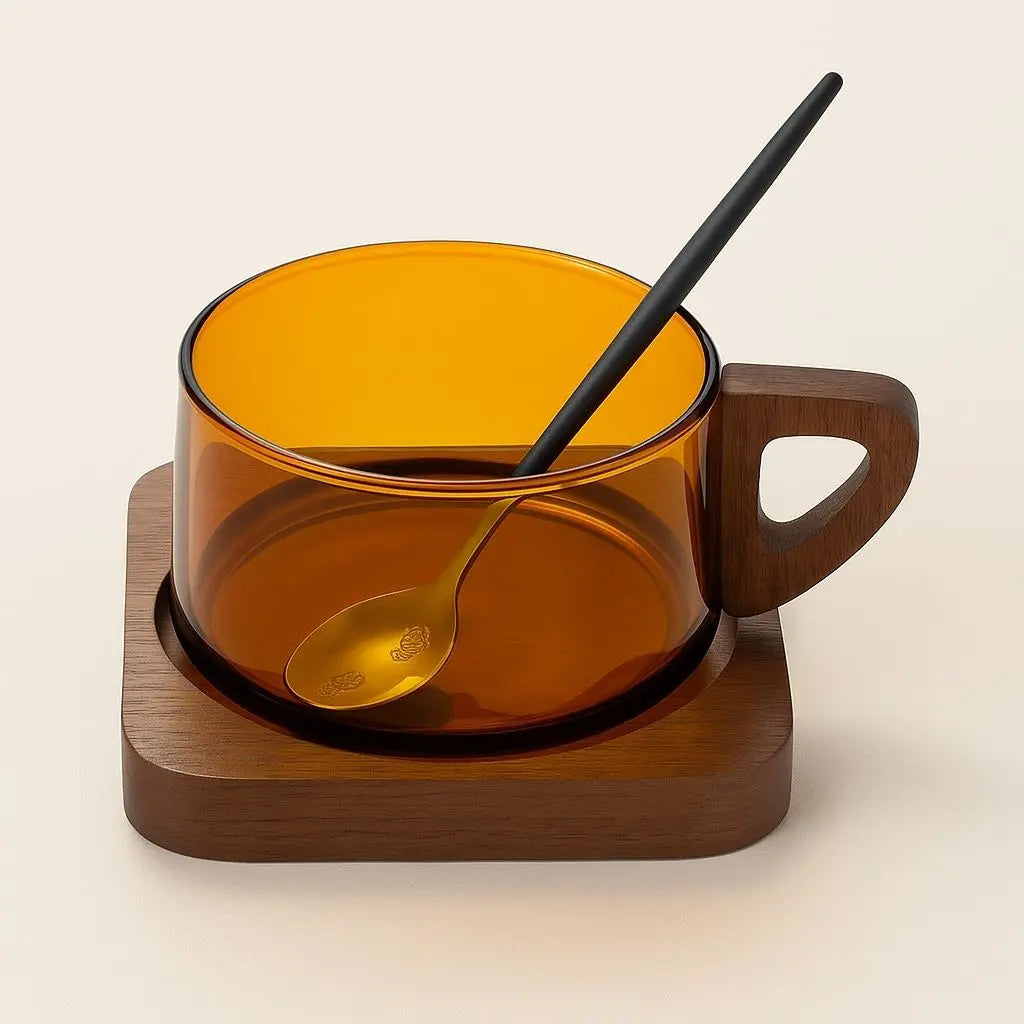 Premium borosilicate glass drinkware with wooden accents, elevating your daily coffee experience