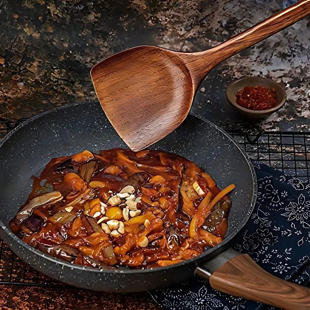 Natural wood kitchen utensils offering heat-resistant and non-toxic cooking tool solutions