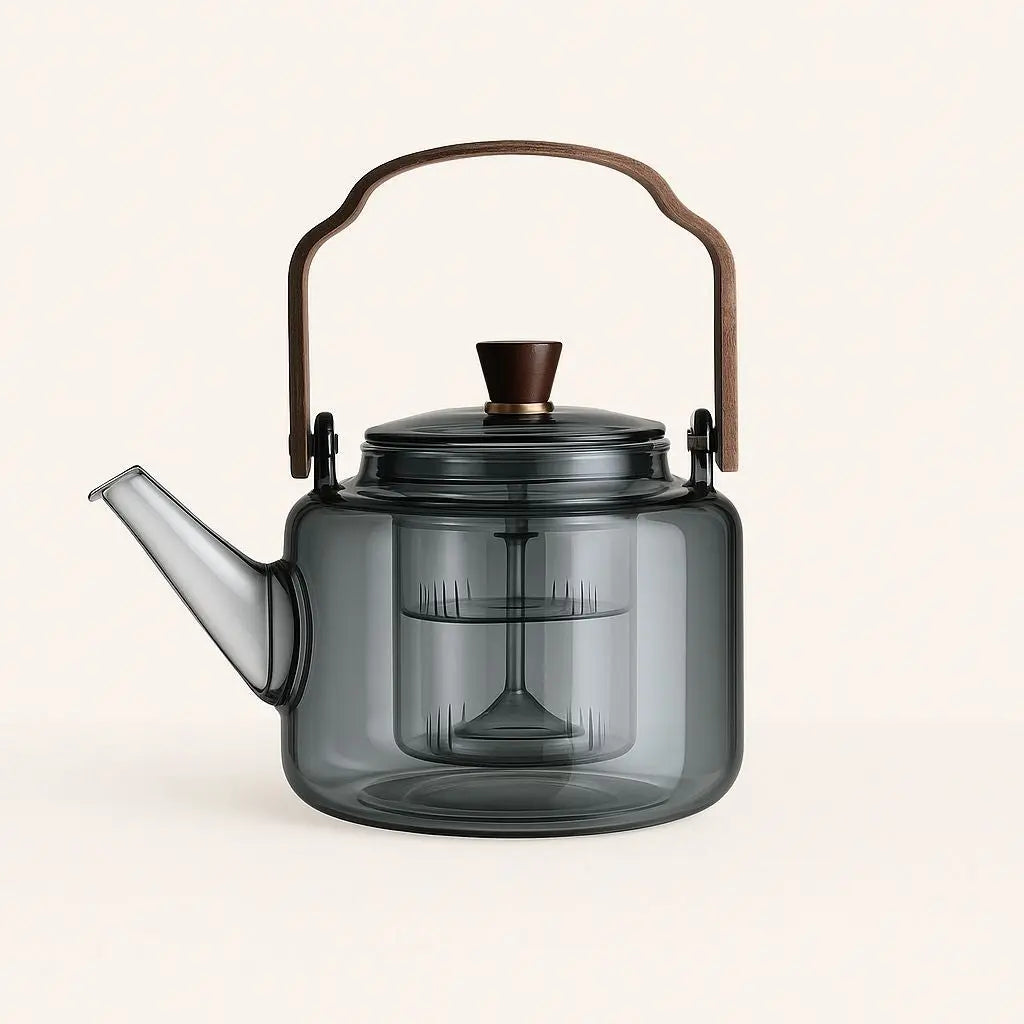 Heat-resistant glass teapot with wooden handle ideal for serving multiple cups