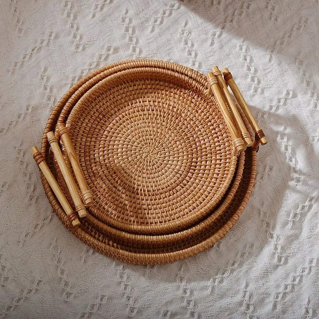 Eco-friendly rattan tray with detailed woven construction for stylish kitchen and pantry organization.