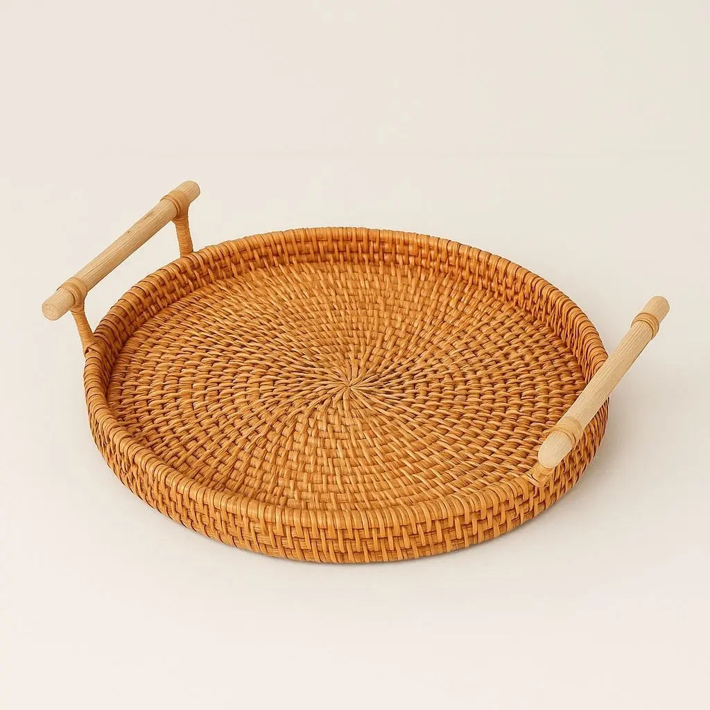 Handcrafted rattan storage tray with natural woven texture for kitchen organization and home decor