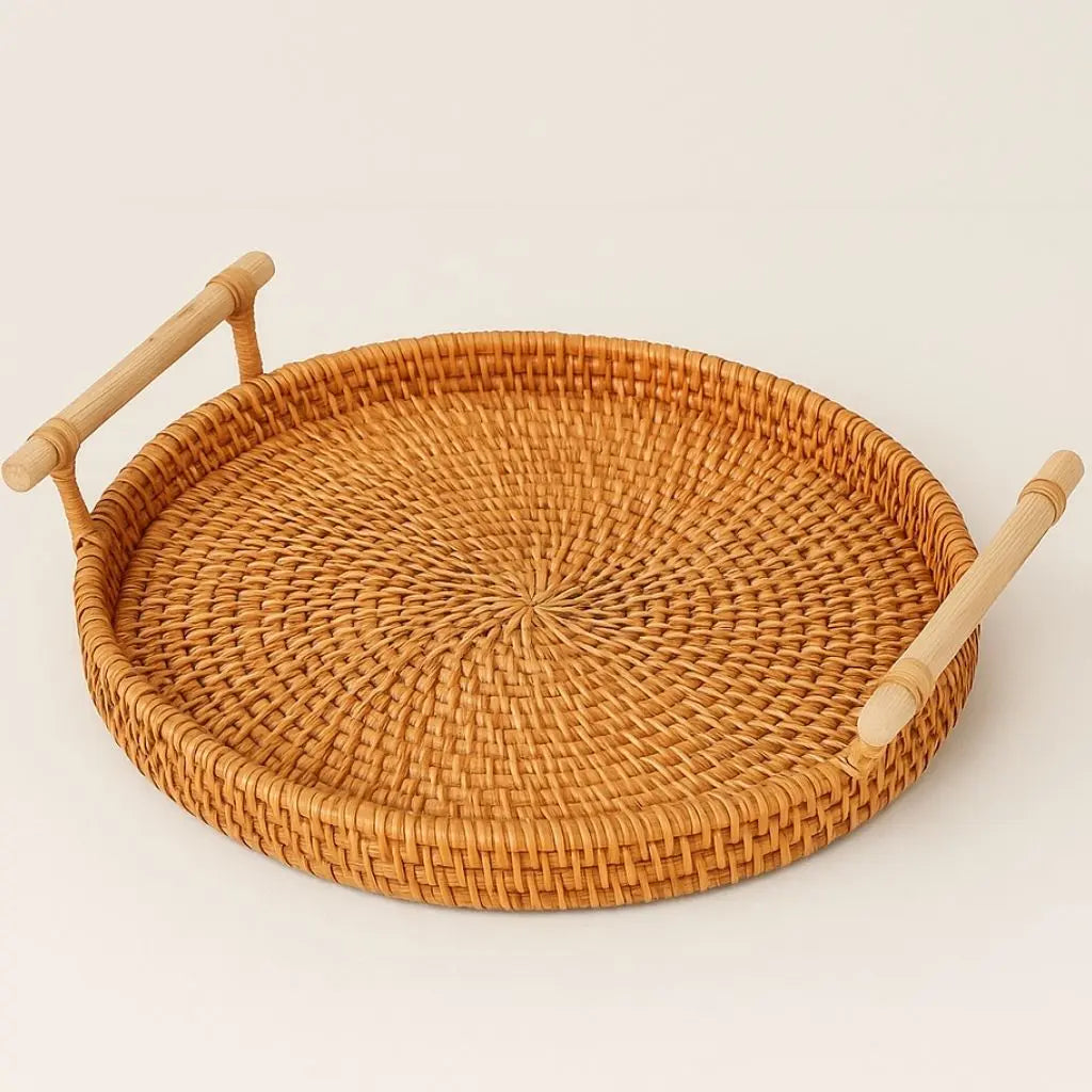Handmade rattan tray featuring expert weaving techniques for functional kitchen and home storage.