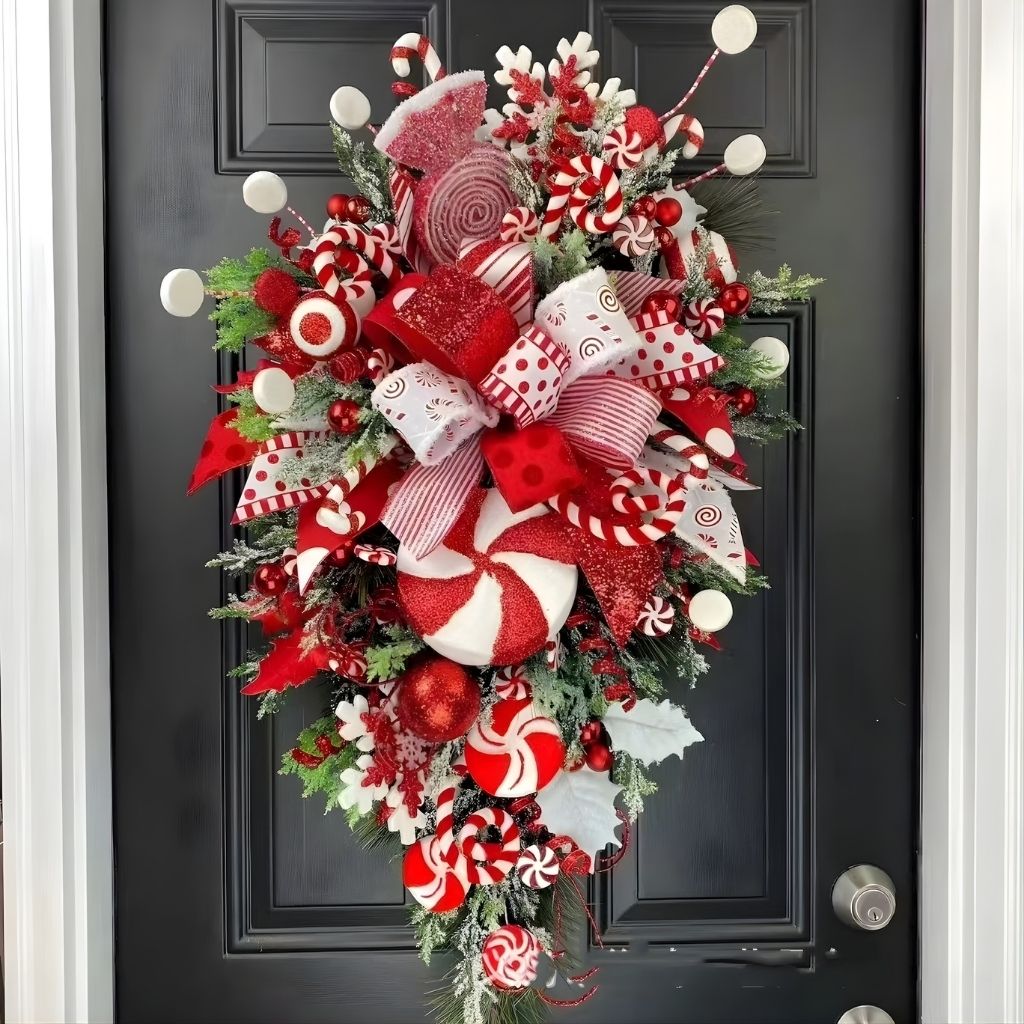 Winter door wreath decorated with red berries and seasonal greenery