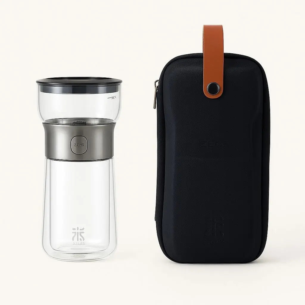 Zyra travel tea infuser set - portable glass tea bottle with stainless steel filter and travel case