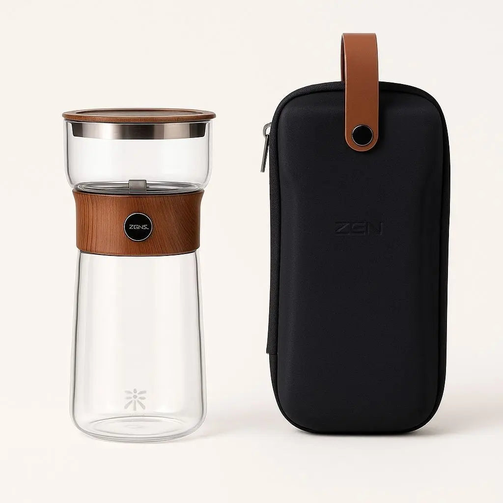 Glass travel tea infuser bottle - double wall construction with loose leaf tea steeper and case