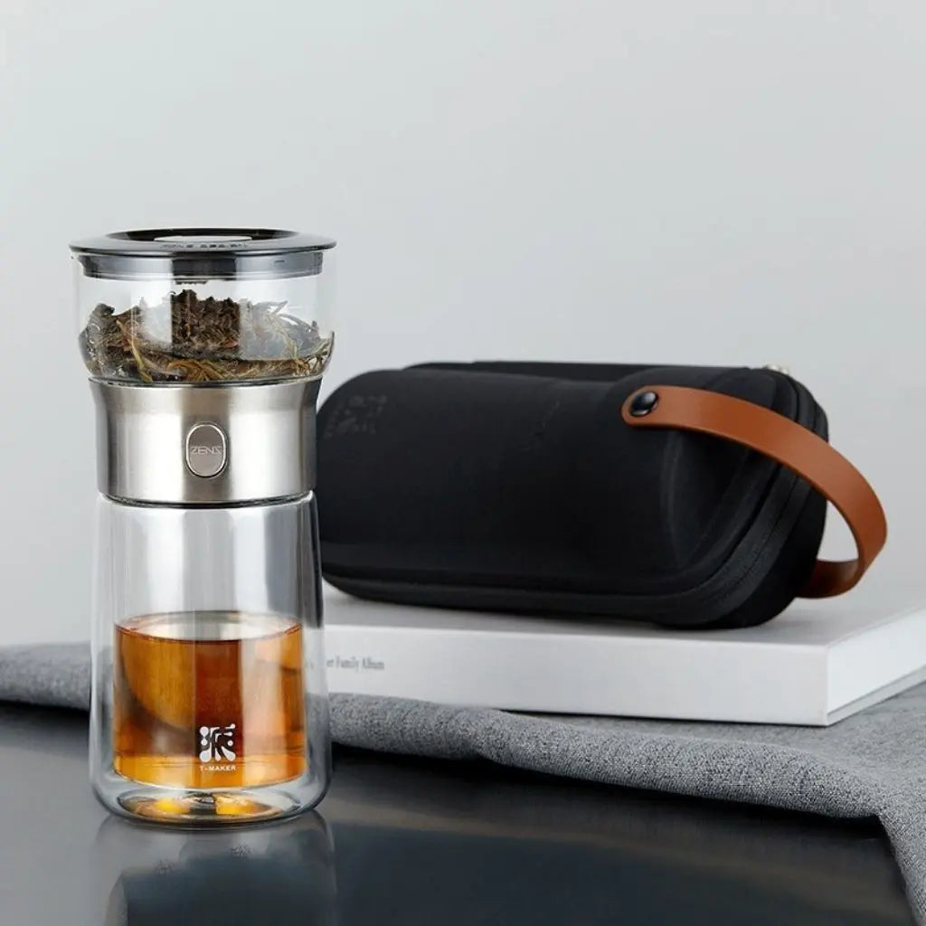Glass tea infuser travel set - stainless steel filter bottle with zipper storage case