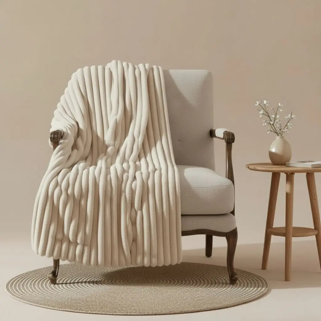 Soft rabbit fur blanket with striped jacquard pattern for cozy home comfort
