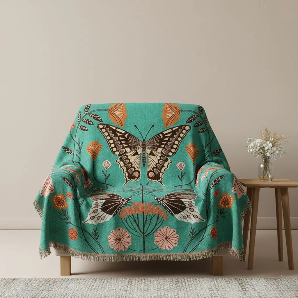 Decorative throw blanket draped on sofa adding texture to living room decor