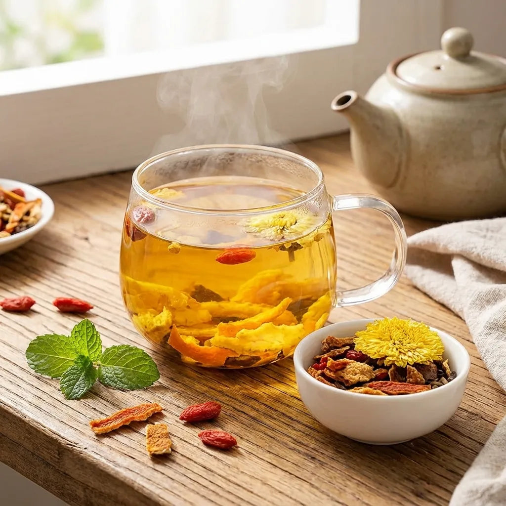 Clear glass mug with hot tea and flowers, teapot, and dried herbs on a wooden surface.