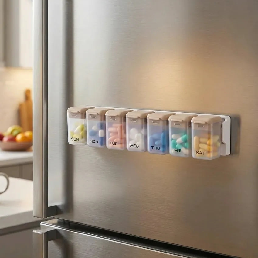 Weekly supplement organizer attached to a refrigerator door with a kitchen background.