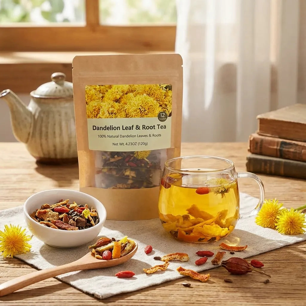 Dandelion leaf and root tea package with a glass of tea, bowl of tea leaves, and teapot on a wooden table.