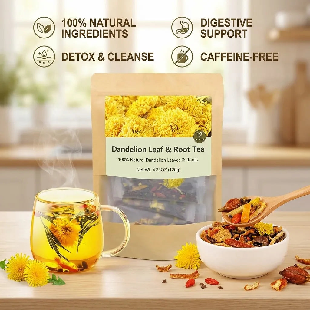 Dandelion leaf and root tea package with a cup of tea, bowl of tea leaves, and dandelion flowers on a wooden surface.