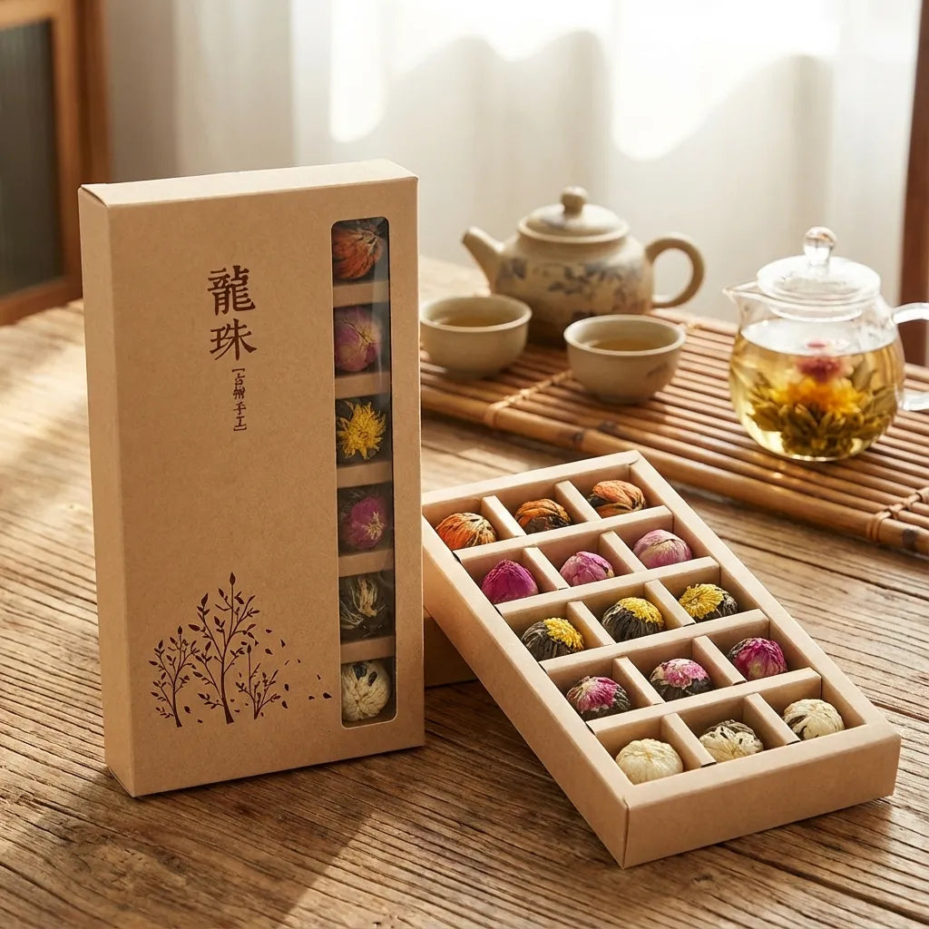 Tea packaging with colorful tea bags on a wooden table with a teapot and cups in the background.