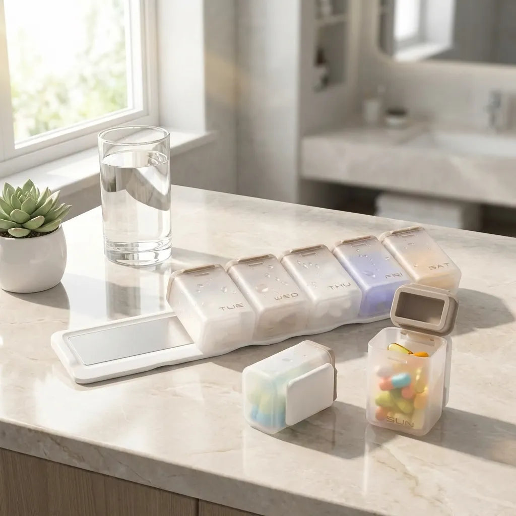 White supplement organizer with compartments on a bathroom counter next to a glass of water and a small plant.