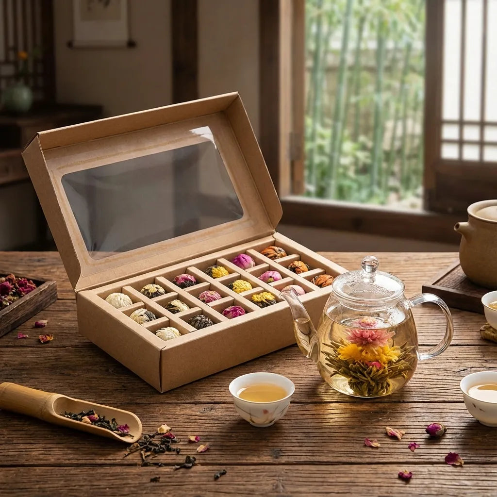 Tea set with a box of assorted tea bags on a wooden table.