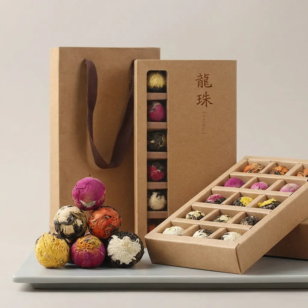 Colorful tea balls in a brown gift box with visible Chinese characters on a light background