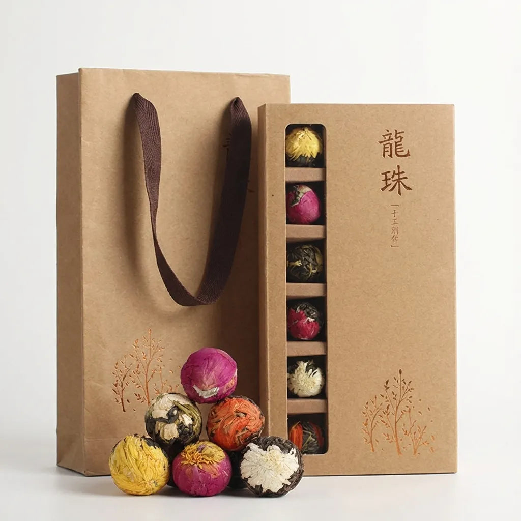 Brown paper bag with colorful tea balls and a box of tea balls on a white background