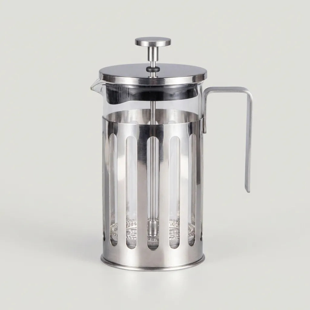 Stainless steel French press coffee maker on a light gray background
