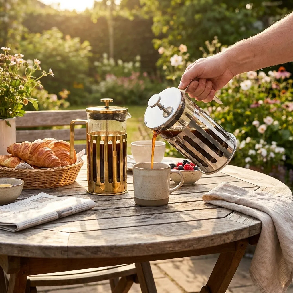 Person pouring coffee from a French press into a mug on a wooden table outdoors.