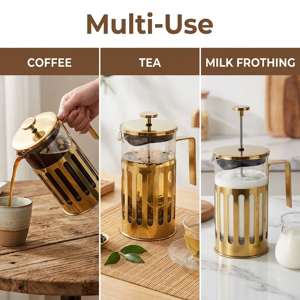 Gold French press being used for coffee, tea, and milk frothing on a wooden and marble surface.