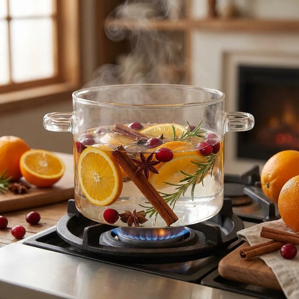 Glass pot with fruits and spices on a stove, surrounded by oranges and cinnamon sticks.