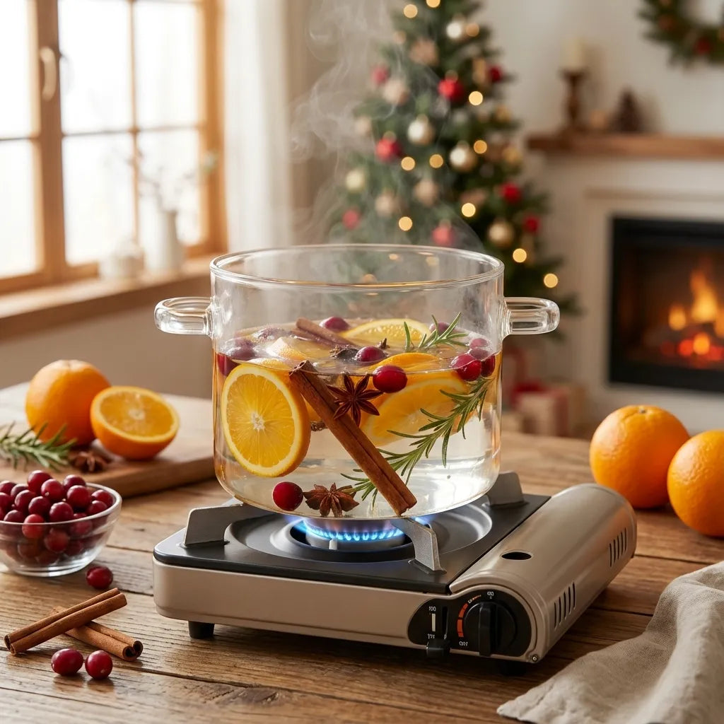 Hot pot with fruits and spices on a stove in a cozy room with a Christmas tree and fireplace.