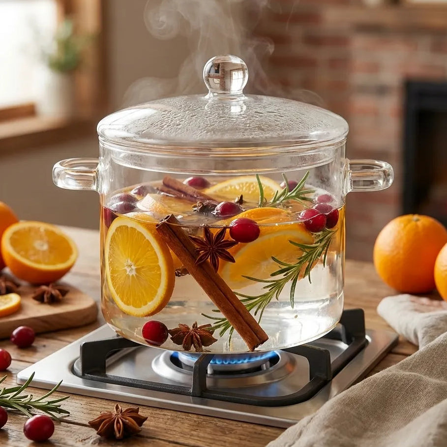 Glass simmer pot with water, oranges, cinnamon sticks, and rosemary on a stove with steam rising, surrounded by oranges and a fireplace.