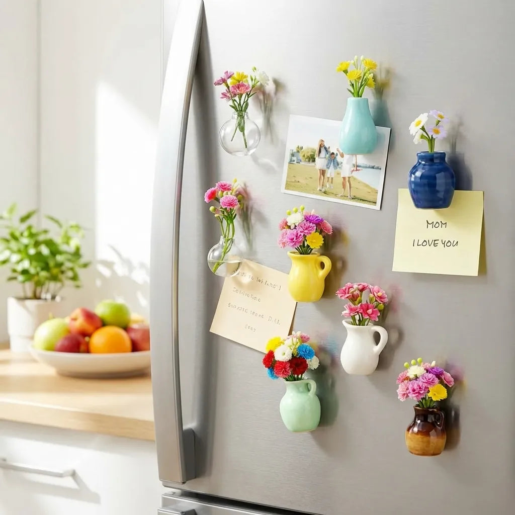 Decorative magnetic vases with flowers and notes on a refrigerator