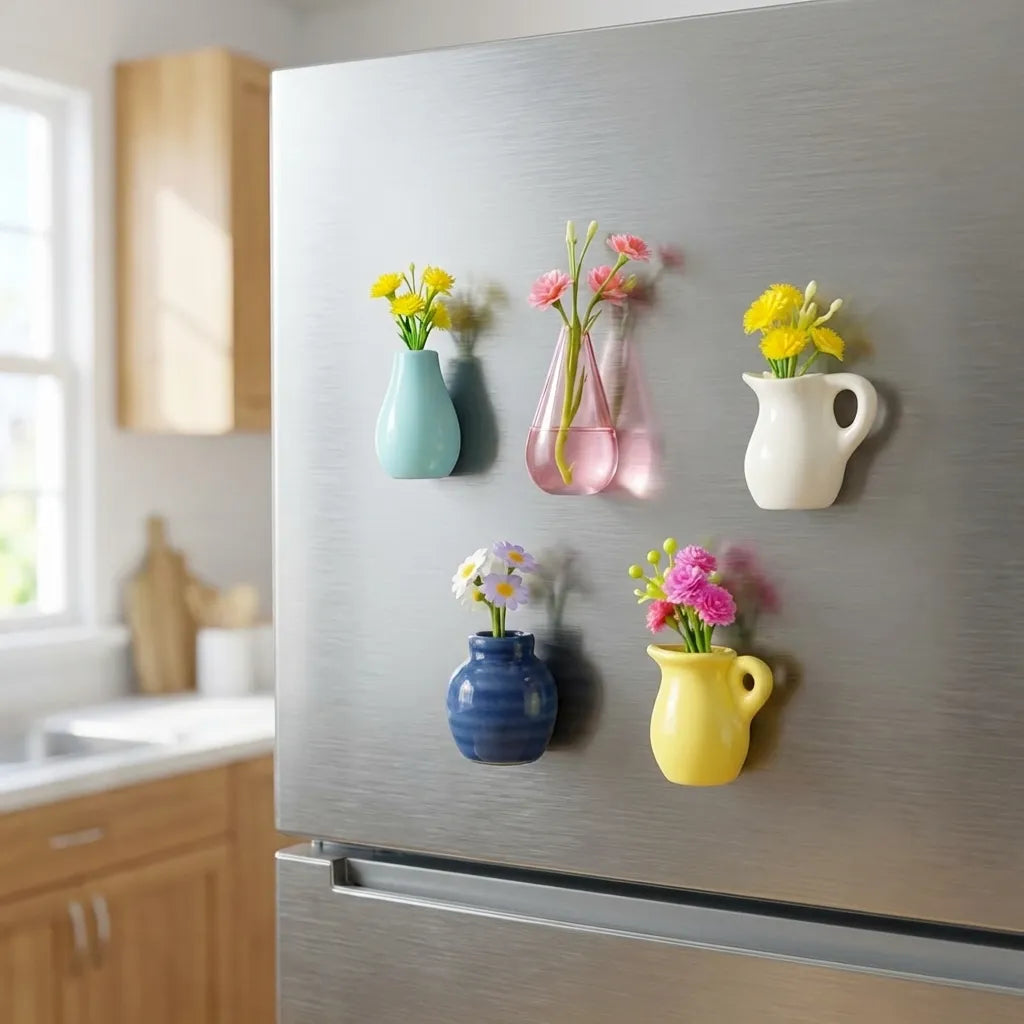 Colorful ceramic vases with flowers attached to a refrigerator in a kitchen.