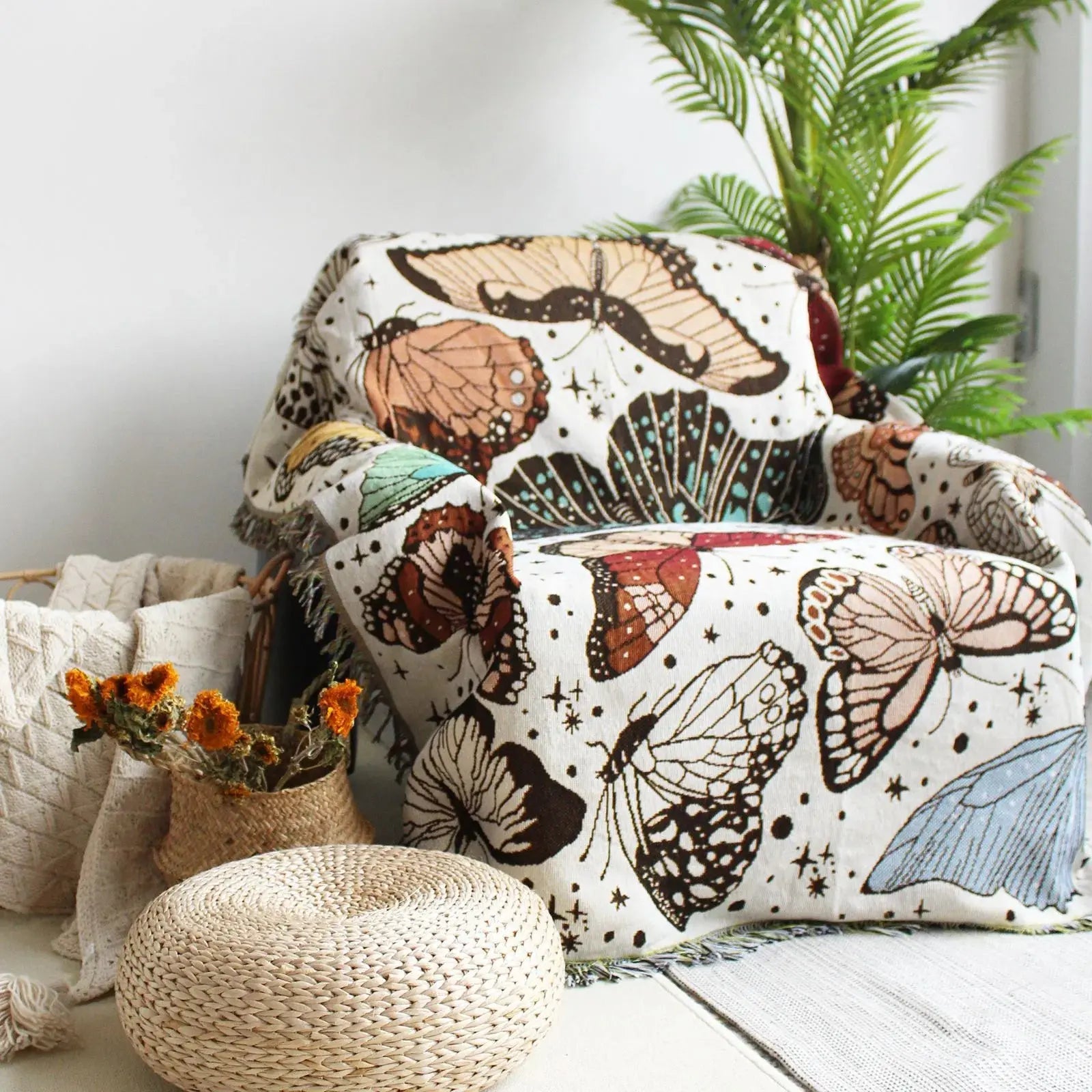 Decorative pillows with butterfly pattern on a chair with a plant in the background