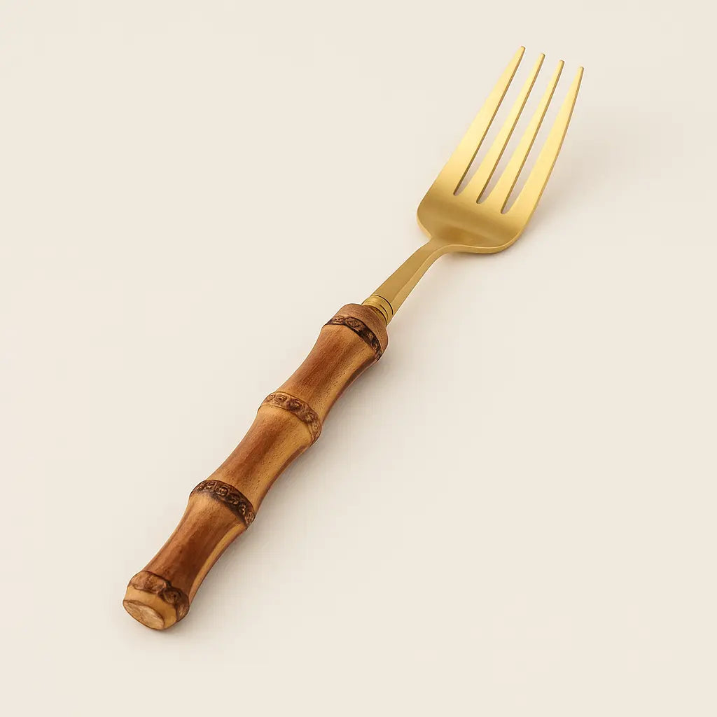 Bamboo handle cutlery set with 304 stainless steel construction and gold finish for sustainable dining